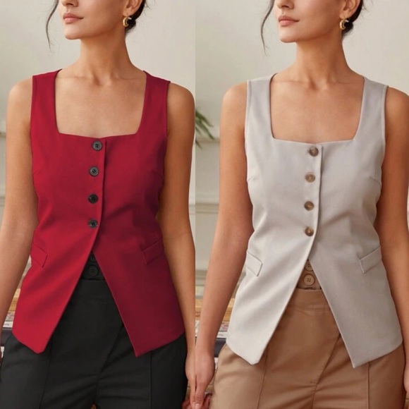 Tops - Red / light gray Square neck button front vest